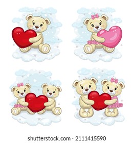 A set of cute teddy bears with a red  and pink hearts. Teddy bears cute set on a background of fluffy clouds.. Vector cartoon illustration for Valentine's day or birthday.
