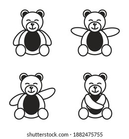 Set of cute teddy bears. Silhouette in black and white colors. Elements for creating a logo, postcards, advertising. Vector illustration
