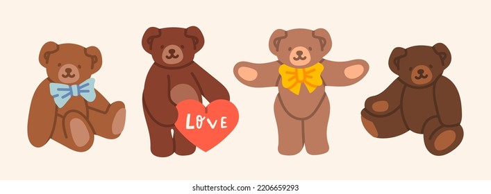 Set of cute Teddy Bears. Various funny characters. Valentines day, love, romance, toy, gift concept. Cartoon style. Hand drawn colorful Vector illustration. Every bear is isolated