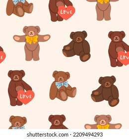 Set of cute Teddy Bears. Various funny characters. Valentines day, love, romance, toy, gift concept. Cartoon style. Hand drawn colorful Vector illustration. Square seamless Pattern