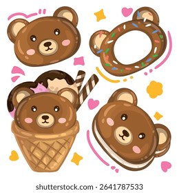 Set of cute teddy bears in a waffle cone. Vector illustration.