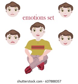 Set with cute teenager boy in green t-shirt with different emotions. Various face expressions. Happy, sick. Colorful vector illustration