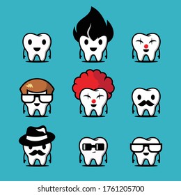 Set of cute teeth with a blue background