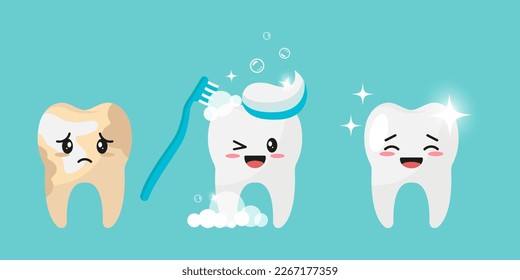 Set of cute Teeth characters with Kawaii faces. Children's Teeth health concept. Vector illustration.