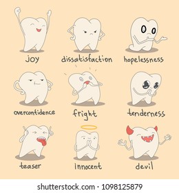 Set of cute teeth characters. Vector illustration of emotions for children dentistry and orthodontics.