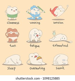 Set of cute teeth characters. Vector illustration of emotions for children dentistry and orthodontics.