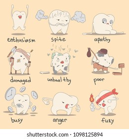 Set of cute teeth characters. Vector illustration of emotions for children dentistry and orthodontics.