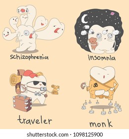 Set of cute teeth characters. Vector illustration of emotions for children dentistry and orthodontics.