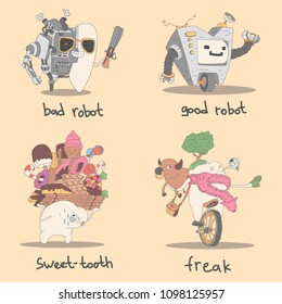 Set of cute teeth characters. Vector illustration of emotions for children dentistry and orthodontics.