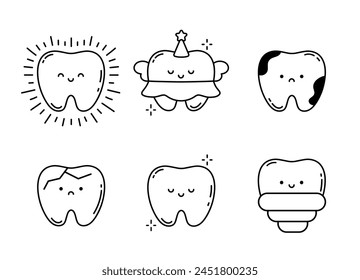 Set of Cute Teeth. Dental care, Caries, Implant, Sparkling Tooth. Concept of Dentistry, Orthodontics. Linear vector illustration