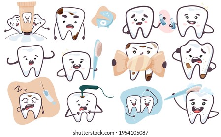 Set of cute teeth. Dentistry concept of dental examination. Vector illustration in flat style isolated on background.