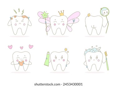 Set of cute teeth with different emotions. Cavities, clean teeth, tooth fairy and more