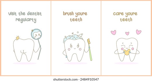 Conjunto de dientes lindos con diferentes emociones. Tarjetas con una inscripción sobre el cuidado dental. Tema de salud dental. Vector. Estilo plano