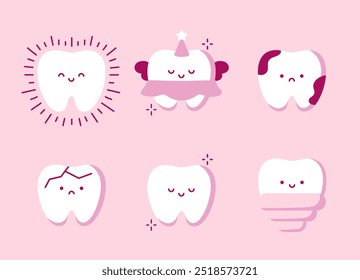 Conjunto de dientes lindos con diferentes emociones. Ilustración vectorial de caracteres de dientes. Concepto de odontología para su diseño. Ilustración para odontología pediátrica. Higiene bucal, limpieza dental, Cuidado dental