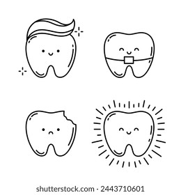 Set of cute teeth isolated on white background. Dental Care Concept. Clean, Healthy Tooth and Sick Tooth with Caries. Children's dentistry. Tooth with Toothpaste. Braces, Bracket System. Linear set