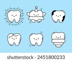Set of Cute Teeth. Kawaii Child Character Tooth. Children
