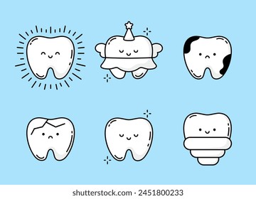 Set of Cute Teeth. Kawaii Child Character Tooth. Children's Dentist. Concept of Orthodontics, Dentistry. Treatment of teeth, caries, dental care, implantation. Sparkling tooth