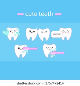 Set of cute teeth on blue background, 
dental care and welcome sign