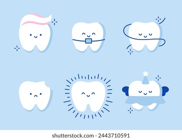 Set of cute teeth on blue background. Set of Cute Teeth with Different Emotions. Dental care, Clean tooth, Caries, Tooth Fairy, Braces, Floss. Concept of Pediatric Dentistry, Dentist