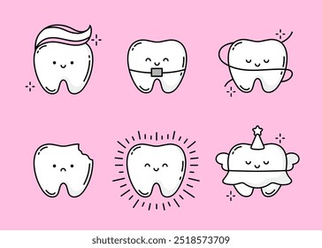 Conjunto de dientes lindos sobre fondo rosa. Conjunto de dientes lindos con diferentes emociones. Cuidado dental, diente limpio, caries, hadas de dientes, aparatos ortopédicos, hilo dental. Concepto de odontología pediátrica, dentista