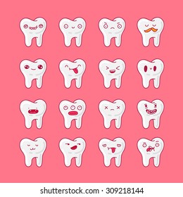 Set of cute teeth on a pink background. Vector.