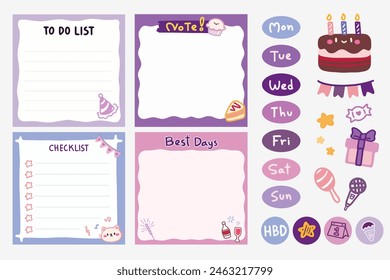 Set of Cute template notes with birthday theme. Memos and stickers. Cute paper memo template. Notes, memos and to do lists used in a diary, home or office.