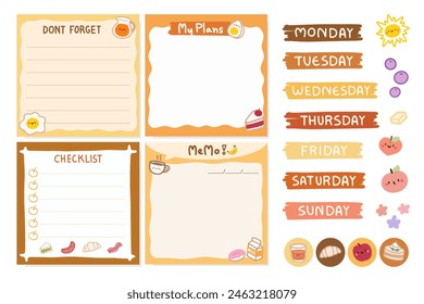 Set of Cute template notes with breakfast theme. Memos and stickers. Cute paper memo template. Notes, memos and to do lists used in a diary, home or office.