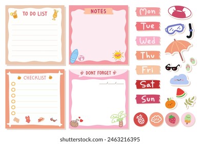 Set of Cute template notes. Memos and stickers. Cute paper memo template. Notes, memo and to do lists used in a diary, home or office. Summer theme.