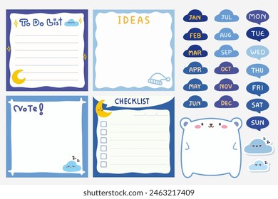 Set of Cute template notes with midnignt theme. Memos and stickers. Cute paper memo template. Notes, memos and to do lists used in a diary, home or office.