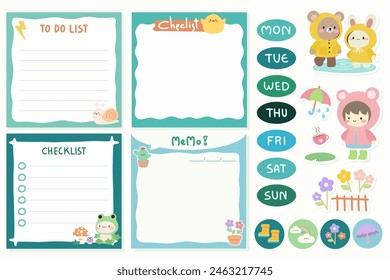 Set of Cute template notes with Rainy season theme. Memos and stickers. Cute paper memo template. Notes, memos and to do lists used in a diary, home or office.