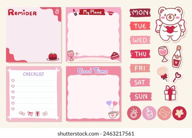 Set of Cute template notes with valentine theme. Memos and stickers. Cute paper memo template. Notes, memos and to do lists used in a diary, home or office.
