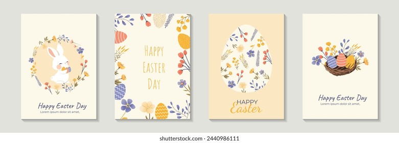 Set of cute templates with cute Easter bunny, eggs, spring flowers and trendy typography design in pastel colors. For poster, business card, invitation, flyer, banner, email header. Modern style