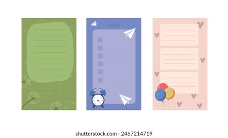 Set of cute templates for notes in cartoon style. Vector illustration of note sheets with different designs: dandelions, clock and paper airplanes, balloons and hearts isolated on white background.