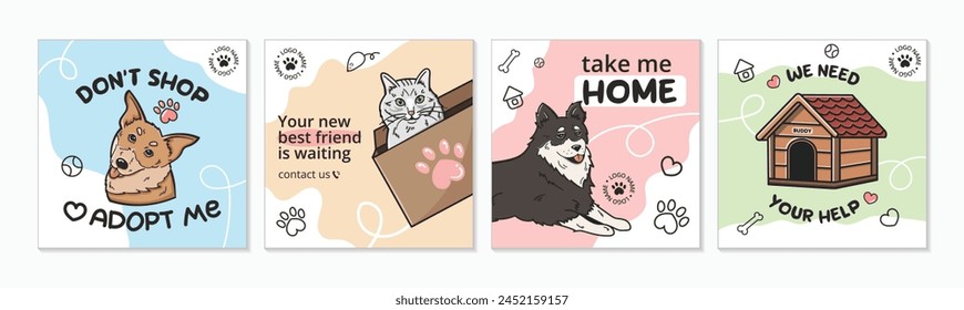 A set of cute templates for a social media post on the topic of dogs and cats adoption. Adopt me banner , a cat in a box, a request for help. Pleasant bright colors, pet elements. 