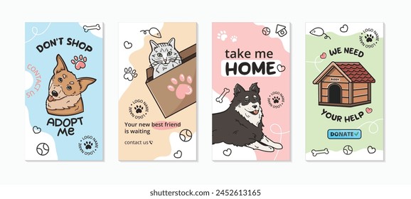 A set of cute templates for a social media stories on the topic of dogs and cats adoption. Adopt me banner , a cat in a box, a request for help. Pleasant bright colors, pet elements.