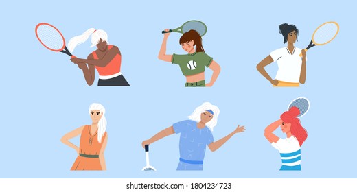 Set of cute tennis players. Women in sport clothes playing big tennis with tennis racket vector flat cartoon illustration. Female sport characters for sport club, fitness, social media design.