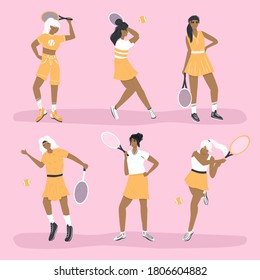 Juego de lindos jugadores de tenis. Mujeres con ropa deportiva jugando tenis grande con raqueta de tenis vectorial ilustración de caricatura plana. Personajes deportivos femeninos para club deportivo, fitness, diseño de medios sociales.