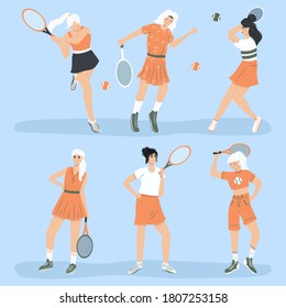 Set of cute tennis players. Women in sport clothes playing big tennis with tennis racket vector flat cartoon illustration. Female sport characters for sport club, fitness, social media design.