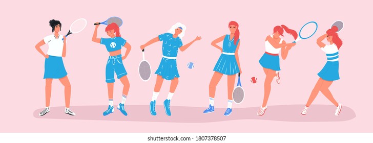 Set of cute tennis players. Women in sport clothes playing big tennis with tennis racket vector flat cartoon illustration. Female sport characters for sport club, fitness, social media design.