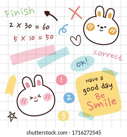 Set Of Cute Text Writing On Notebook Paper With Rabbit Hand Drawn.Paper Tape,star,sticky Tape,heart Doodle Style Collection.Image For Card,poster,decor,wallpaper,Cartoon.Kawaii.Vector.Illustration.