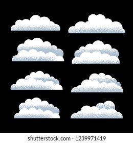Set of cute textured clouds, decoration. Vector, on black background.