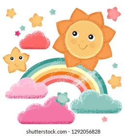 Set of cute textured stars, clouds  and sun. Vector objects.