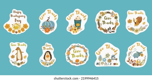 Set of cute thanksgiving stickers with arrangements, oval,circle, round, semicircle wreaths, abstract flowers, blossom, plants, foliage, cones, pumpkins, twigs, pumpkins, animals, autumn attributes.