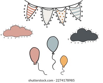 Set of cute things clouds balloons and garlands