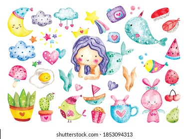 Set of Cute Things Doodles in Watercolor Vector Illustration