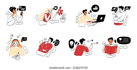 Set of Cute Thoughtful Characters. Men and women with dreamy speech bubble think about their desires, plans and goals at work or at home. Cartoon flat vector collection isolated on white background