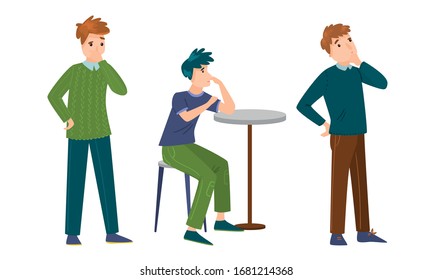 Set of a cute thoughtful young man. Vector illustration in flat cartoon style.