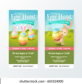 Set of cute tickets for Easter Egg Hunt with colored eggs and cute bunny in fields. Vector template for invitations and greeting cards design with cartoon spring scene. Isolated from the background.