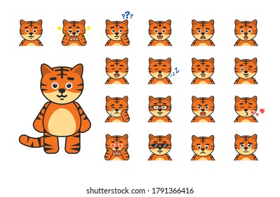 Set of cute tiger avatars, emojis. Chibi tiger amazed, thinking, shocked, sleeping, dazed, surprised, in love and showing other expressions. Vector illustration bundle