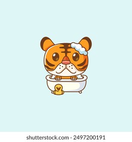 set Cute tiger bathing time in bathtub kawaii chibi character mascot illustration outline style design